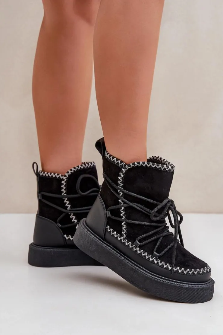 Boto Śniegowce Damskie*Śniegowce Damskie Z Haftem Na Platformie Czarne Naleris Czarny