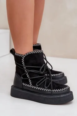 Boto Śniegowce Damskie*Śniegowce Damskie Z Haftem Na Platformie Czarne Naleris Czarny