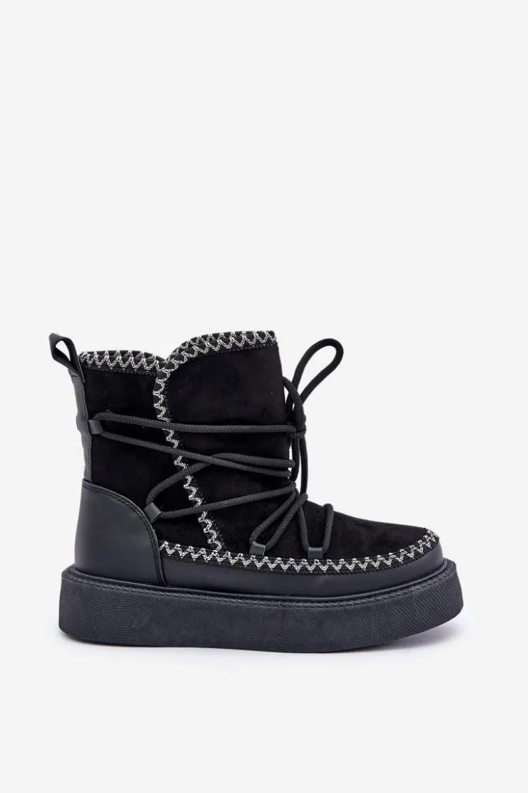 Boto Śniegowce Damskie*Śniegowce Damskie Z Haftem Na Platformie Czarne Naleris Czarny