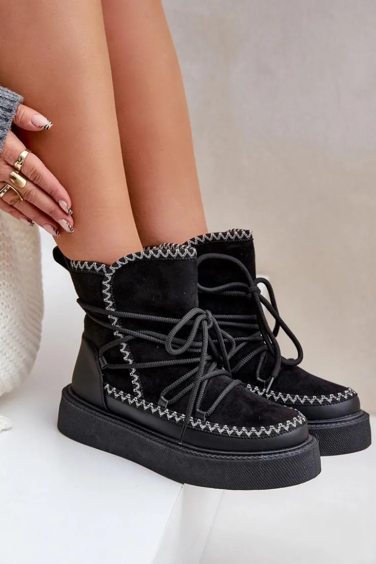 Boto Śniegowce Damskie*Śniegowce Damskie Z Haftem Na Platformie Czarne Naleris Czarny