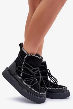 Boto Śniegowce Damskie*Śniegowce Damskie Z Haftem Na Platformie Czarne Naleris Czarny