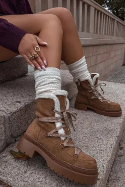 Boto Śniegowce Damskie*Śniegowce Damskie Z Kożuszkiem Camel Irmara Brązowy