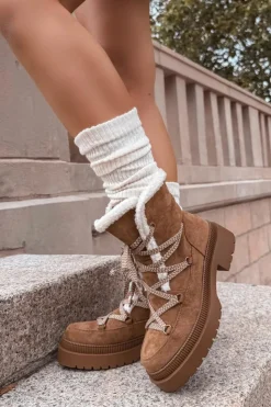 Boto Śniegowce Damskie*Śniegowce Damskie Z Kożuszkiem Camel Irmara Brązowy