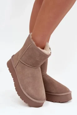 Boto Śniegowce Damskie*Śniegowce Damskie Z Naturalnego Zamszu Na Platformie Beżowe Privine Beżowy