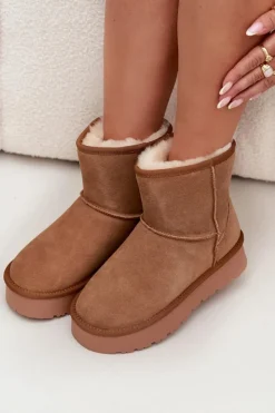 Damskie Boto Śniegowce Damskie Z Naturalnego Zamszu Na Platformie Camel Privine