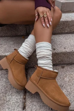 Boto Śniegowce Damskie*Śniegowce Damskie Z Naturalnego Zamszu Ocieplane Futerkiem Camel Milora Brązowy