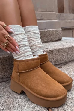 Boto Śniegowce Damskie*Śniegowce Damskie Z Naturalnego Zamszu Ocieplane Futerkiem Camel Milora Brązowy