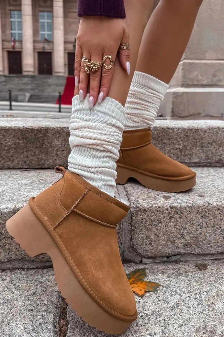 Boto Śniegowce Damskie*Śniegowce Damskie Z Naturalnego Zamszu Ocieplane Futerkiem Camel Milora Brązowy