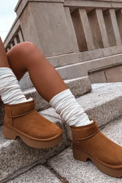 Boto Śniegowce Damskie*Śniegowce Damskie Z Naturalnego Zamszu Ocieplane Futerkiem Camel Milora Brązowy