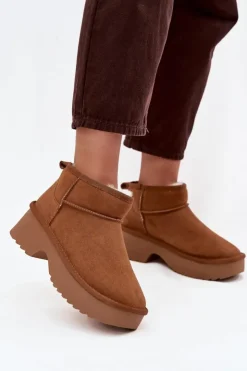Boto Śniegowce Damskie*Śniegowce Damskie Z Naturalnego Zamszu Ocieplane Futerkiem Camel Milora Brązowy
