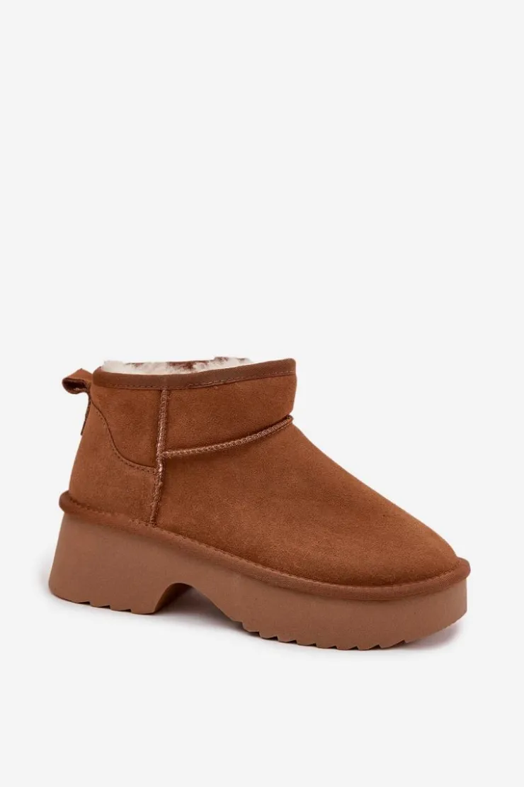 Boto Śniegowce Damskie*Śniegowce Damskie Z Naturalnego Zamszu Ocieplane Futerkiem Camel Milora Brązowy