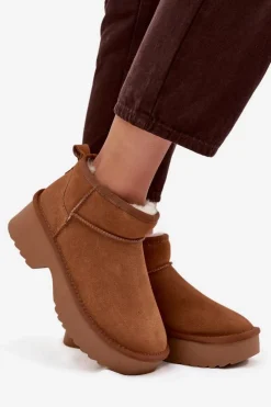 Boto Śniegowce Damskie*Śniegowce Damskie Z Naturalnego Zamszu Ocieplane Futerkiem Camel Milora Brązowy