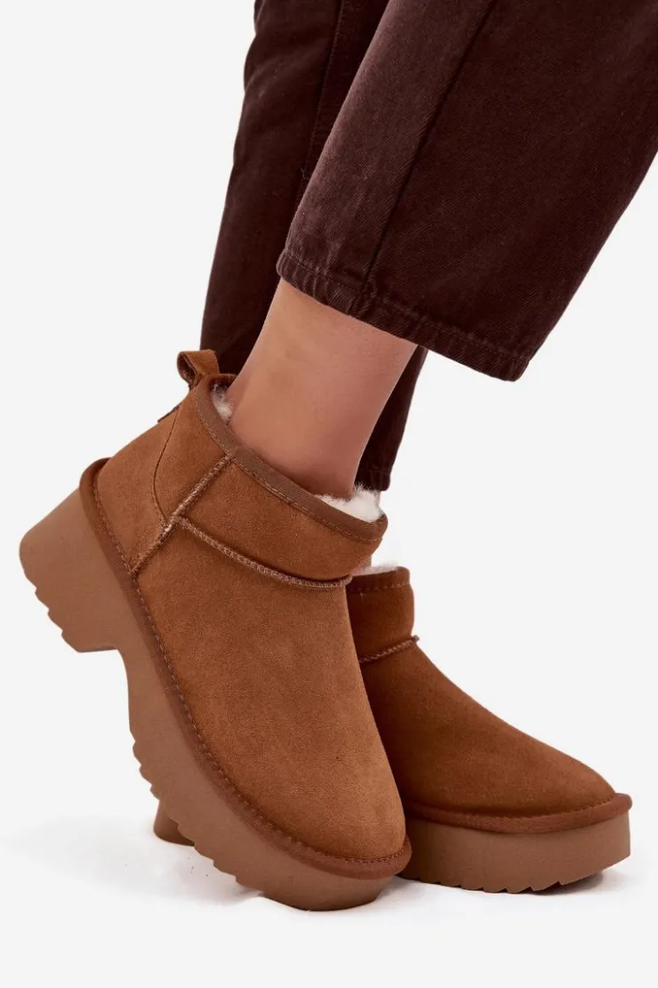 Boto Śniegowce Damskie*Śniegowce Damskie Z Naturalnego Zamszu Ocieplane Futerkiem Camel Milora Brązowy