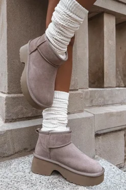 Damskie Boto Śniegowce Damskie Z Naturalnego Zamszu Ocieplane Futerkiem Khaki Milora