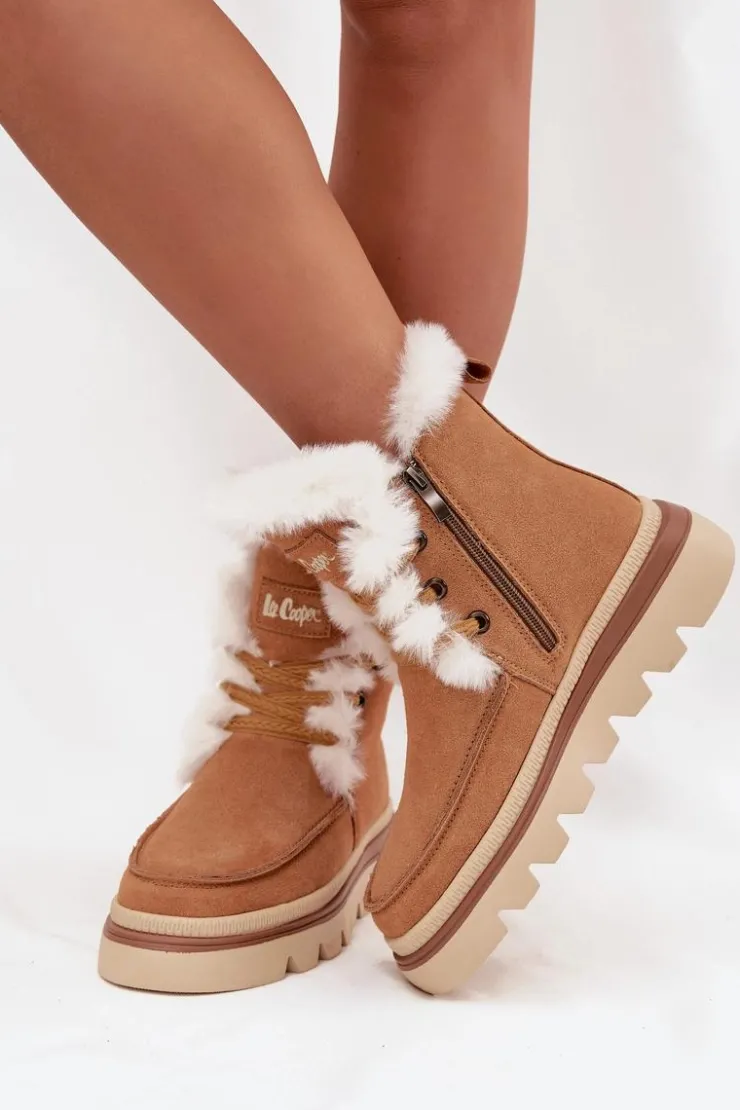 Lee Cooper Śniegowce Damskie|Damskie Trapery*Śniegowce Damskie Z Naturalnego Zamszu LCJ-25-01-3738 Camel