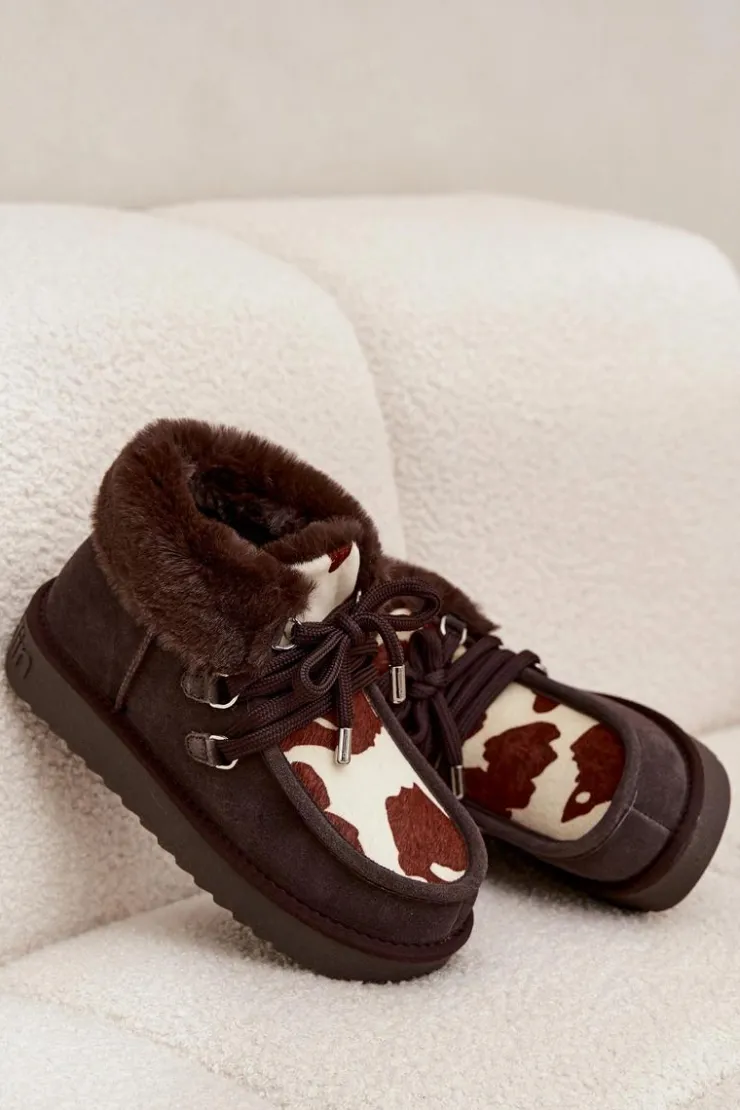 New D.Franklin Śniegowce Damskie Z Naturalnego Zamszu Łaty DFSH375008 Czekoladowe