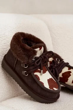 New D.Franklin Śniegowce Damskie Z Naturalnego Zamszu Łaty DFSH375008 Czekoladowe