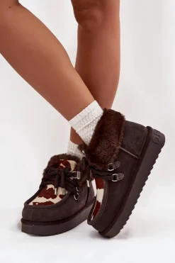 New D.Franklin Śniegowce Damskie Z Naturalnego Zamszu Łaty DFSH375008 Czekoladowe