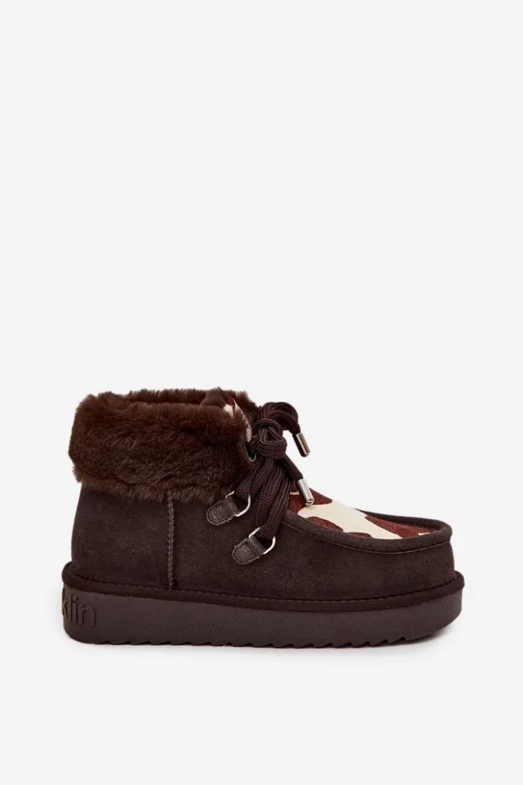 New D.Franklin Śniegowce Damskie Z Naturalnego Zamszu Łaty DFSH375008 Czekoladowe