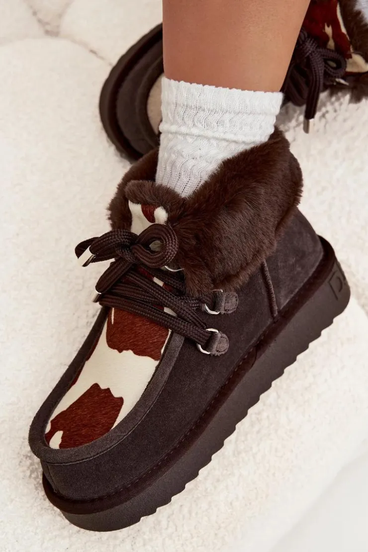 New D.Franklin Śniegowce Damskie Z Naturalnego Zamszu Łaty DFSH375008 Czekoladowe