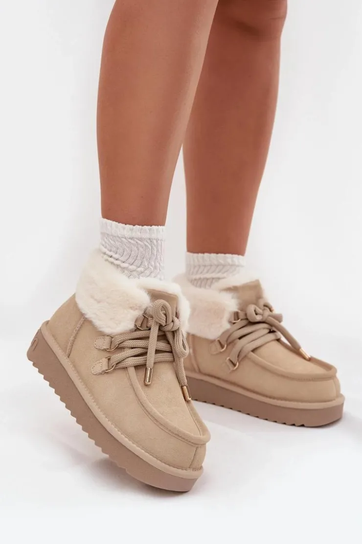 D.Franklin Śniegowce Damskie*Śniegowce Damskie Z Naturalnego Zamszu DFSH375006 Jasnobeżowe Beżowy