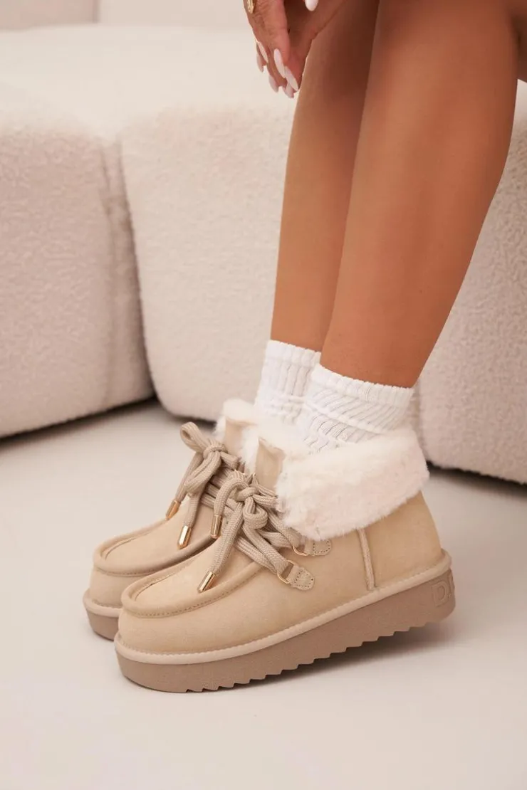 D.Franklin Śniegowce Damskie*Śniegowce Damskie Z Naturalnego Zamszu DFSH375006 Jasnobeżowe Beżowy