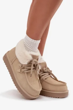 D.Franklin Śniegowce Damskie*Śniegowce Damskie Z Naturalnego Zamszu DFSH375006 Jasnobeżowe Beżowy