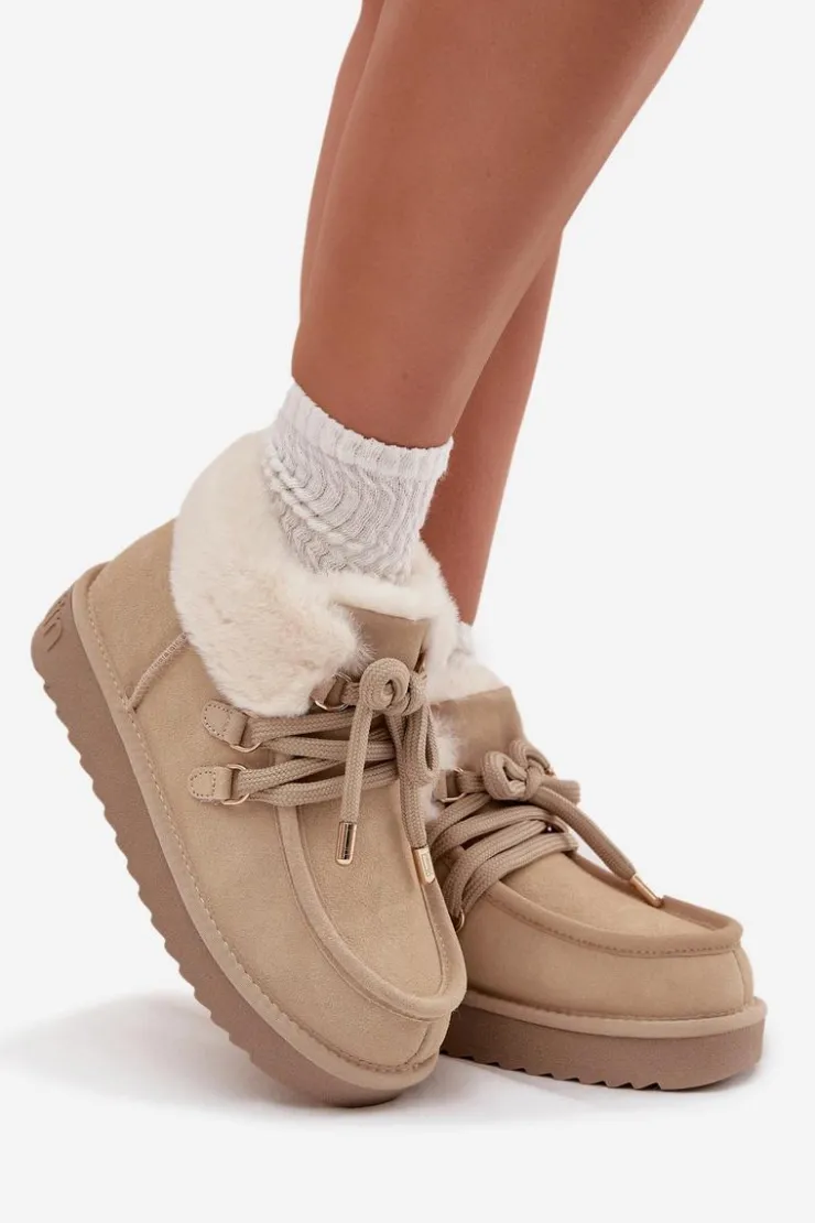 D.Franklin Śniegowce Damskie*Śniegowce Damskie Z Naturalnego Zamszu DFSH375006 Jasnobeżowe Beżowy