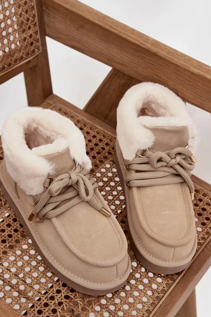 D.Franklin Śniegowce Damskie*Śniegowce Damskie Z Naturalnego Zamszu DFSH375006 Jasnobeżowe Beżowy