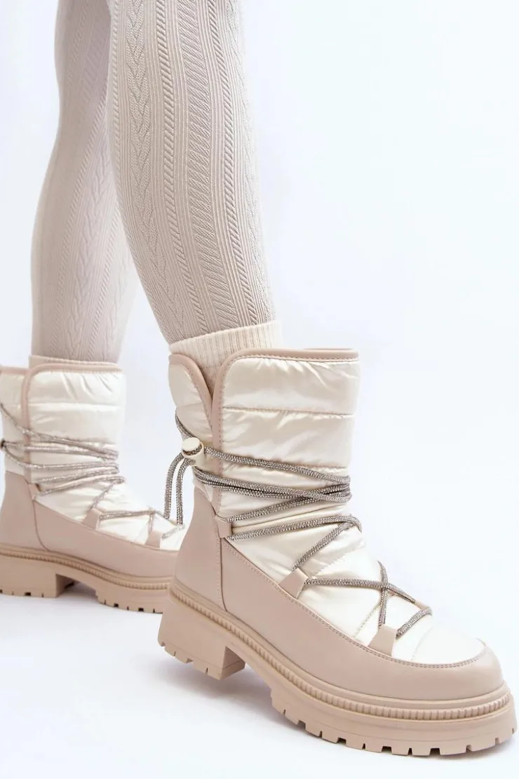 Online Boto Śniegowce Damskie Z Ozdobnym Wiązaniem Beżowe Rilana