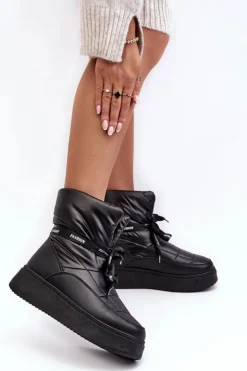 Boto Śniegowce Damskie*Śniegowce Damskie Z Ozdobnym Wiązaniem Czarne Siracna Czarny