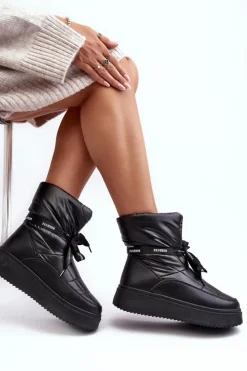 Boto Śniegowce Damskie*Śniegowce Damskie Z Ozdobnym Wiązaniem Czarne Siracna Czarny