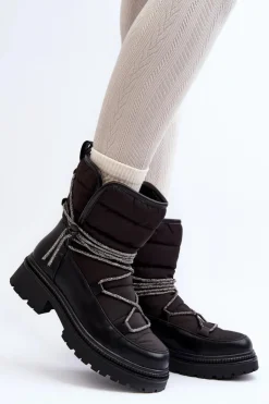 Boto Śniegowce Damskie*Śniegowce Damskie Z Ozdobnym Wiązaniem Czarne Rilana Czarny