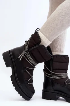 Boto Śniegowce Damskie*Śniegowce Damskie Z Ozdobnym Wiązaniem Czarne Rilana Czarny