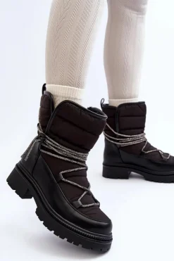 Boto Śniegowce Damskie*Śniegowce Damskie Z Ozdobnym Wiązaniem Czarne Rilana Czarny