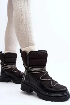 Boto Śniegowce Damskie*Śniegowce Damskie Z Ozdobnym Wiązaniem Czarne Rilana Czarny