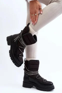 Boto Śniegowce Damskie*Śniegowce Damskie Z Ozdobnym Wiązaniem Czarne Rilana Czarny