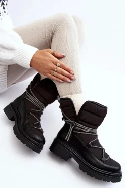 Boto Śniegowce Damskie*Śniegowce Damskie Z Ozdobnym Wiązaniem Czarne Rilana Czarny