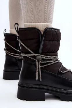 Boto Śniegowce Damskie*Śniegowce Damskie Z Ozdobnym Wiązaniem Czarne Rilana Czarny