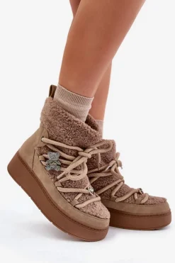 Damskie Boto Śniegowce Damskie Z Przypinkami I Futerkiem Typu Baranek Brązowe Almatiza