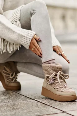 Damskie Boto Śniegowce Damskie Z Przypinkami I Futerkiem Typu Baranek Brązowe Almatiza