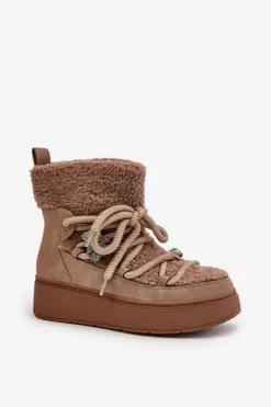 Damskie Boto Śniegowce Damskie Z Przypinkami I Futerkiem Typu Baranek Brązowe Almatiza