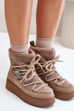 Damskie Boto Śniegowce Damskie Z Przypinkami I Futerkiem Typu Baranek Brązowe Almatiza