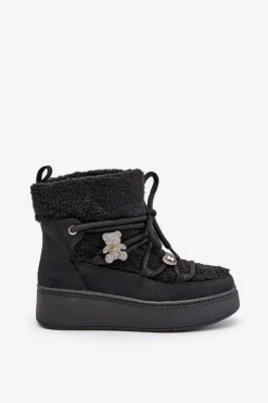Hot Boto Śniegowce Damskie Z Przypinkami I Futerkiem Typu Baranek Czarne Almatiza