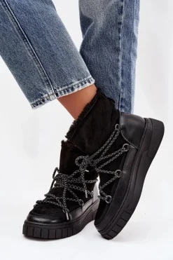 Damskie Boto Śniegowce Damskie Z Wiązaniem Czarne Isalisse