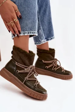 Boto Śniegowce Damskie Z Wiązaniem Ciemnozielone Isalisse Zielony