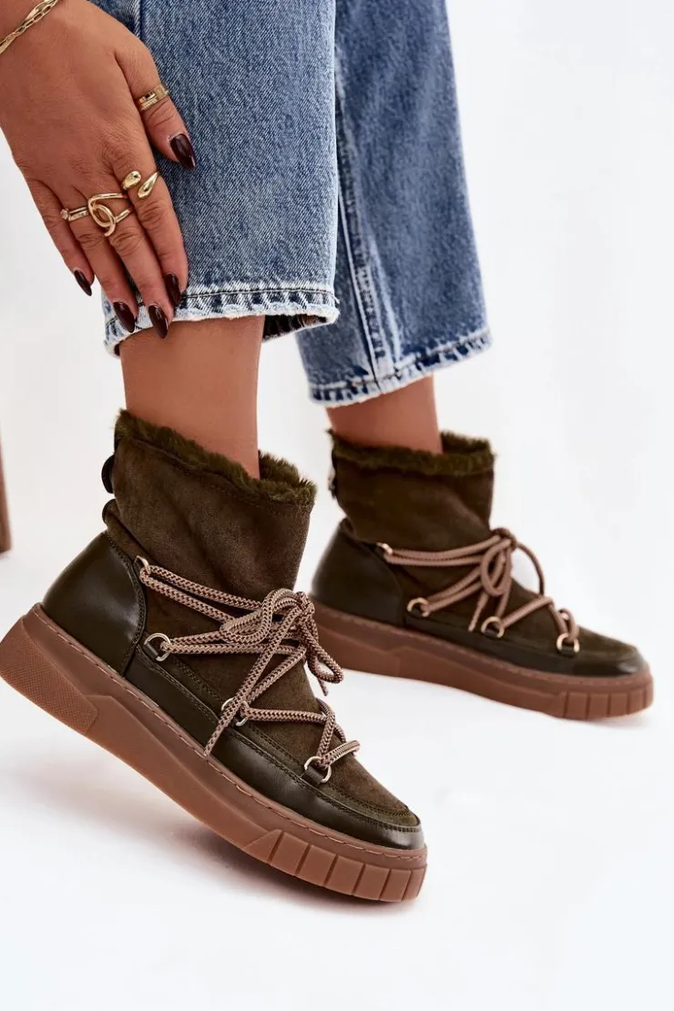 Boto Śniegowce Damskie Z Wiązaniem Ciemnozielone Isalisse Zielony