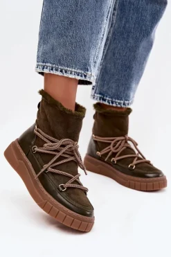 Boto Śniegowce Damskie Z Wiązaniem Ciemnozielone Isalisse Zielony