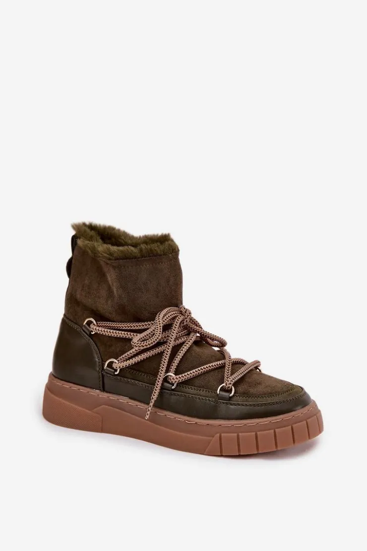 Boto Śniegowce Damskie Z Wiązaniem Ciemnozielone Isalisse Zielony