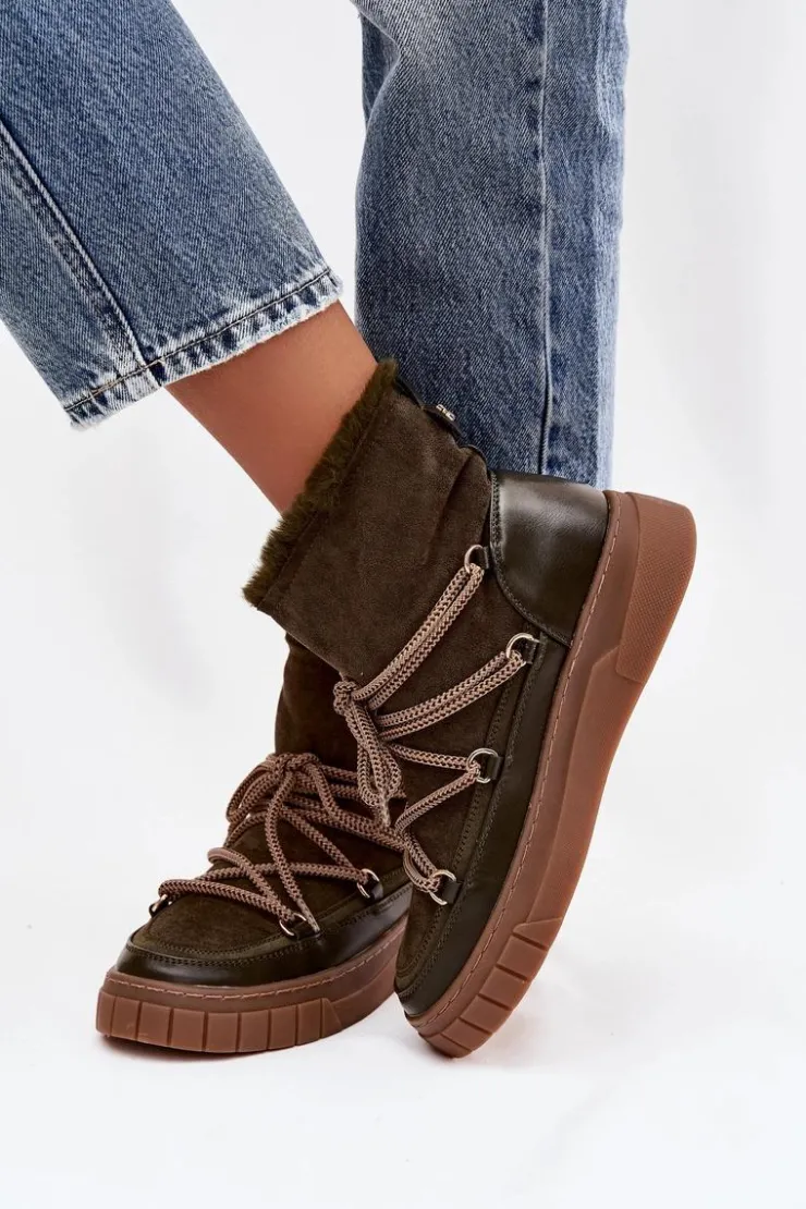 Boto Śniegowce Damskie Z Wiązaniem Ciemnozielone Isalisse Zielony